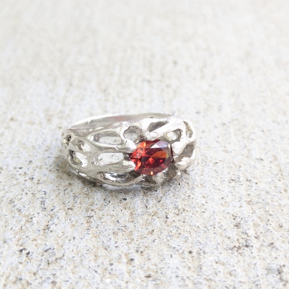 Vintage Sterling Silver Ring Red Garnet 10.75 Brutalist